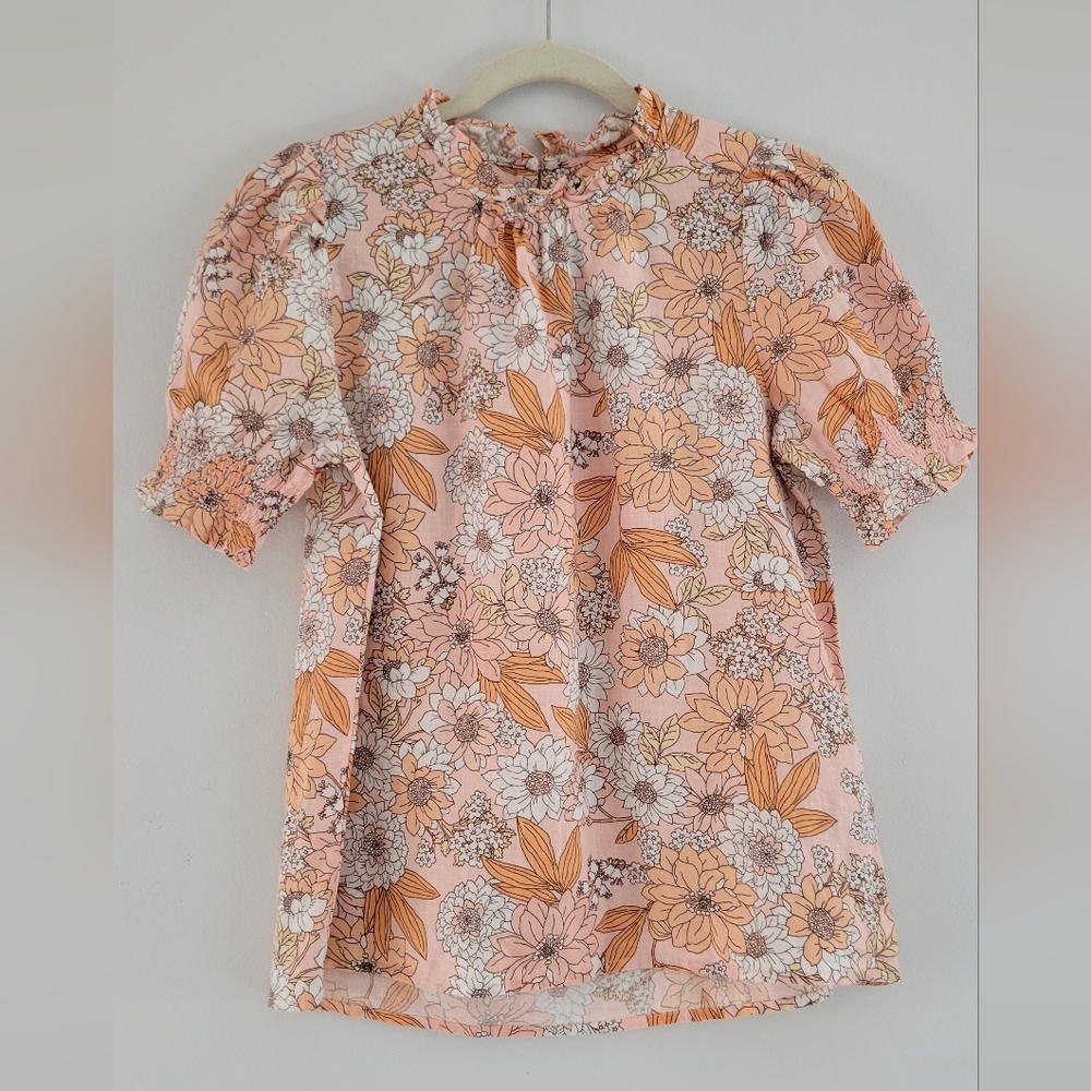 J. Crew Smocked puff-sleeve linen top in zinnia floral Size XS